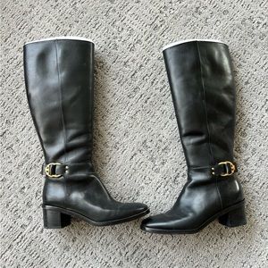 Tory Burch black leather boot tall knee 8.5 gold detail